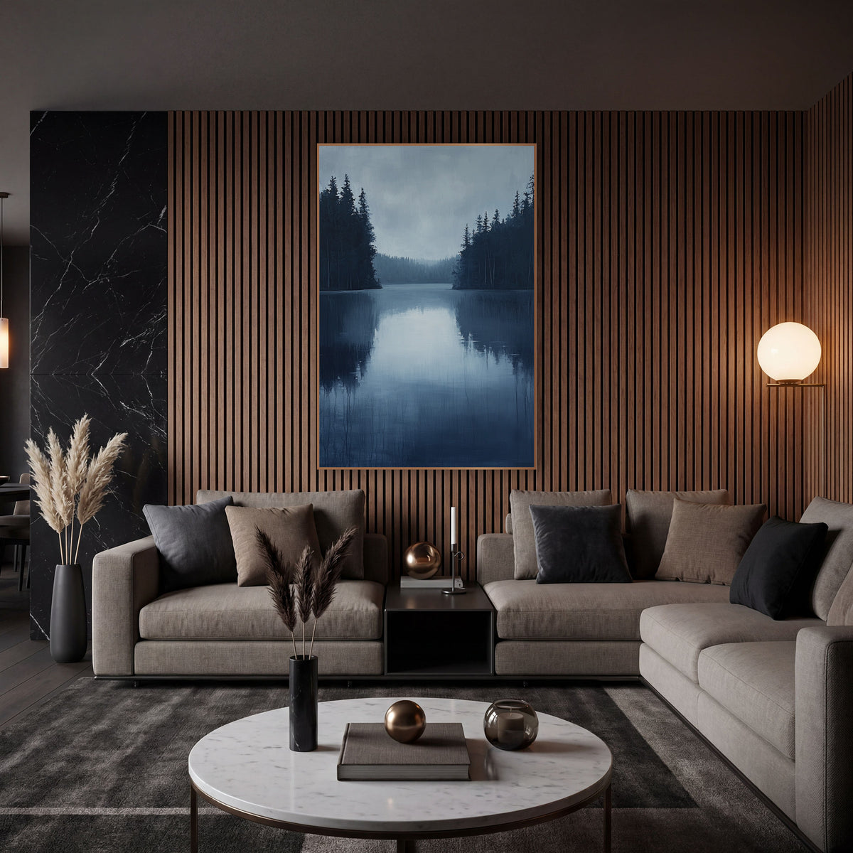 Misty Evergreen Lake Landscape wall art in an elegant modern room – still blue lake between dark evergreen shores