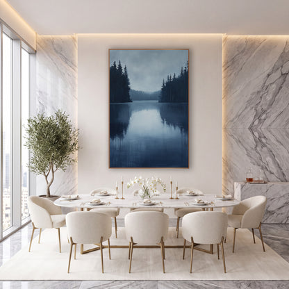 Misty Evergreen Lake Landscape wall art in an elegant modern room – still blue lake between dark evergreen shores