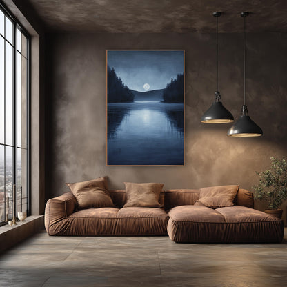 Moonlit Lake Night Landscape wall art in an elegant modern room – full moon above a calm night lake with dark