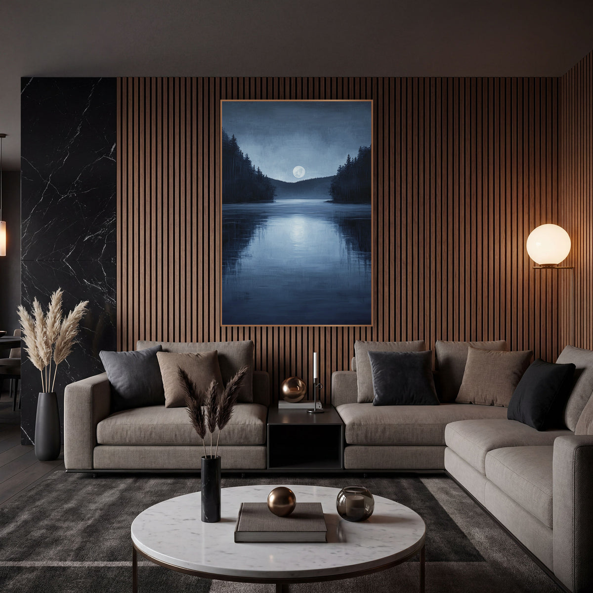 Moonlit Lake Night Landscape wall art in an elegant modern room – full moon above a calm night lake with dark