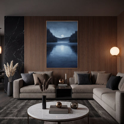 Moonlit Lake Night Landscape wall art in an elegant modern room – full moon above a calm night lake with dark