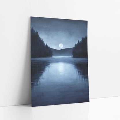 Moonlit Lake Night Landscape art print leaning against a white wall – full moon above a calm night lake with dark evergreen