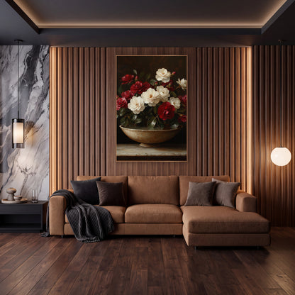 Crimson and Ivory Camellia Still Life wall art in an elegant modern room – crimson and ivory camellias with glossy
