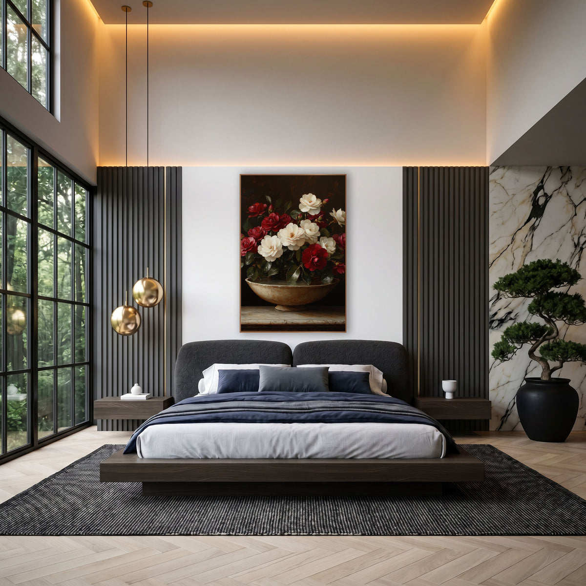 Crimson and Ivory Camellia Still Life wall art in an elegant modern room – crimson and ivory camellias with glossy