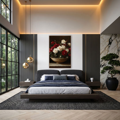 Crimson and Ivory Camellia Still Life wall art in an elegant modern room – crimson and ivory camellias with glossy