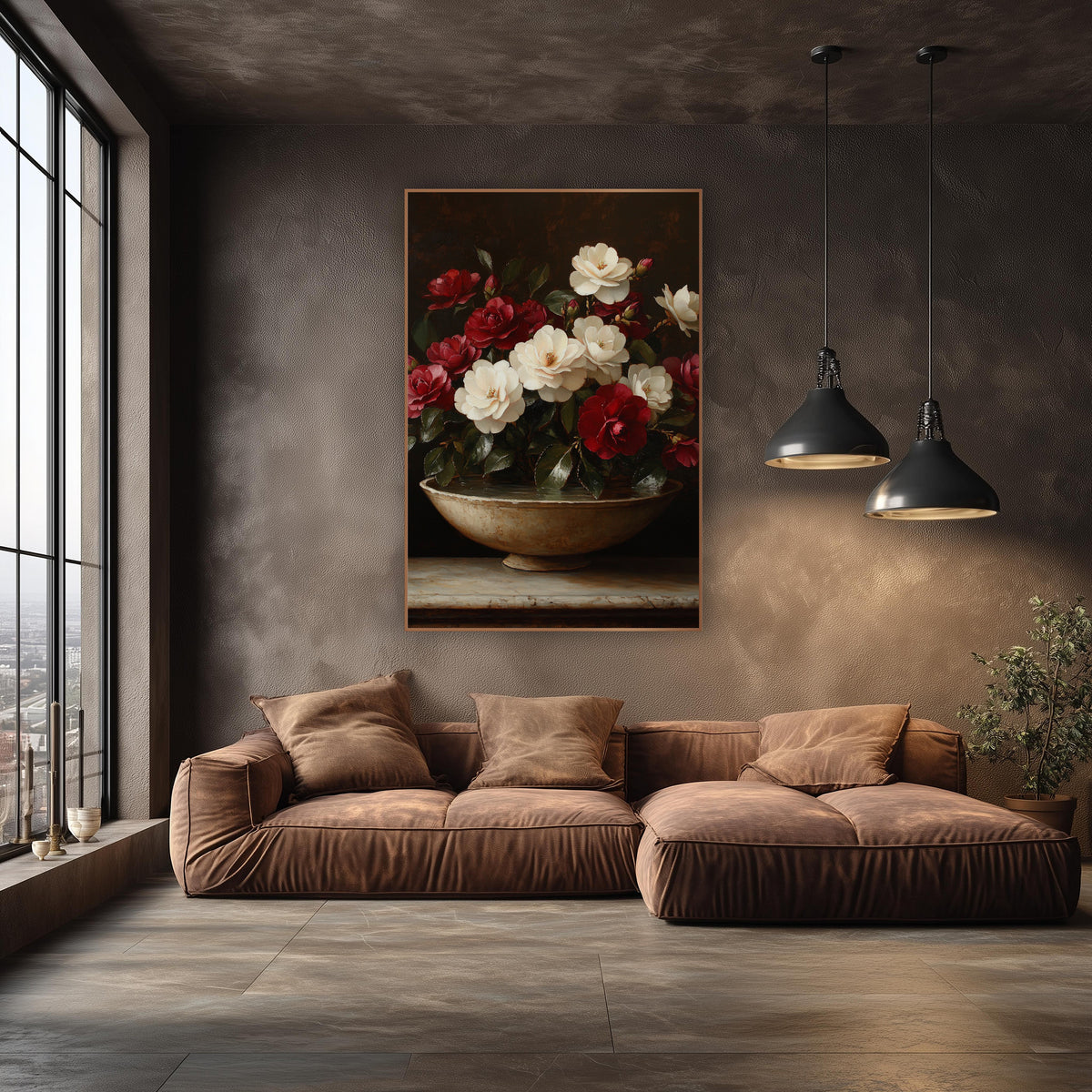 Crimson and Ivory Camellia Still Life wall art in an elegant modern room – crimson and ivory camellias with glossy