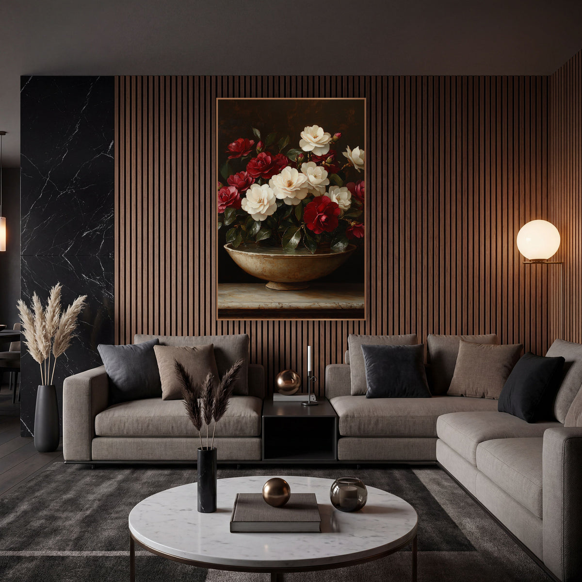 Crimson and Ivory Camellia Still Life wall art in an elegant modern room – crimson and ivory camellias with glossy