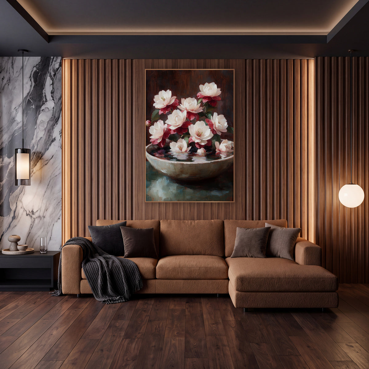 Pink Camellia Bowl Still Life Luxury wall art in an elegant modern room – pink and white camellias in a shallow cream