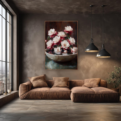 Pink Camellia Bowl Still Life Luxury wall art in an elegant modern room – pink and white camellias in a shallow cream