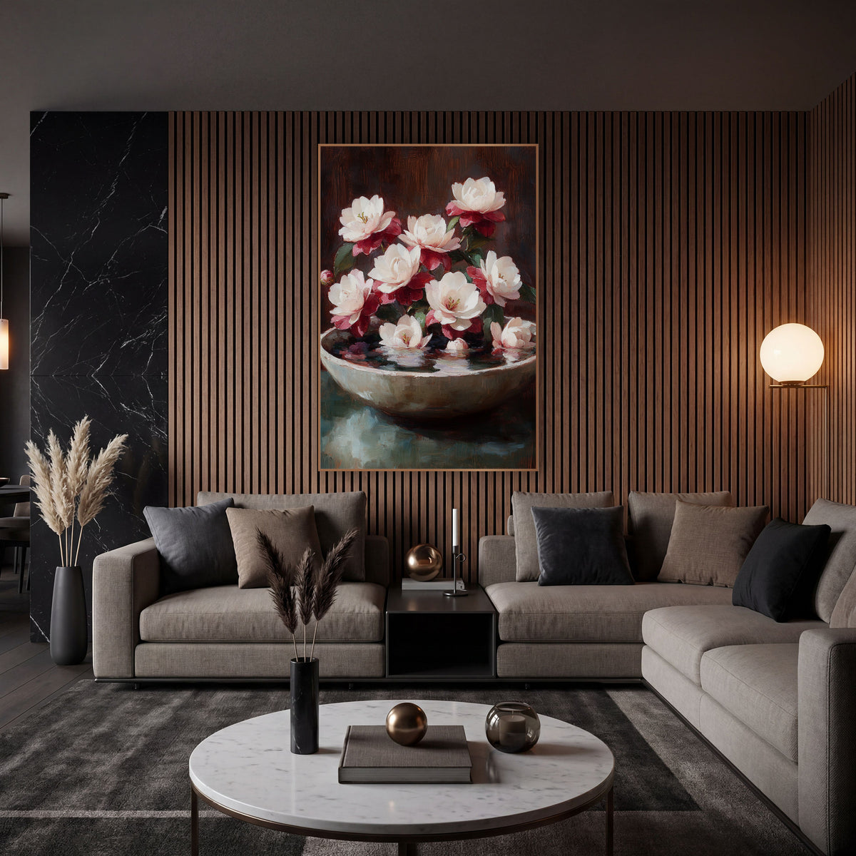 Pink Camellia Bowl Still Life Luxury wall art in an elegant modern room – pink and white camellias in a shallow cream