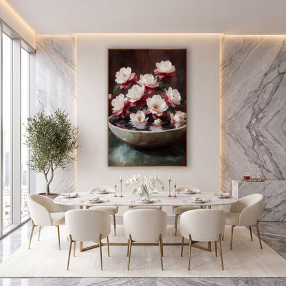 Pink Camellia Bowl Still Life Luxury wall art in an elegant modern room – pink and white camellias in a shallow cream