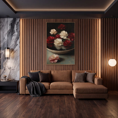 Floating Camellias Old Master Still Life wall art in an elegant modern room – red and cream camellias floating