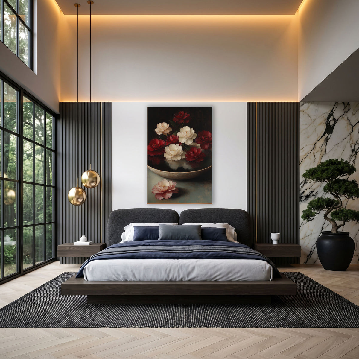 Floating Camellias Old Master Still Life wall art in an elegant modern room – red and cream camellias floating