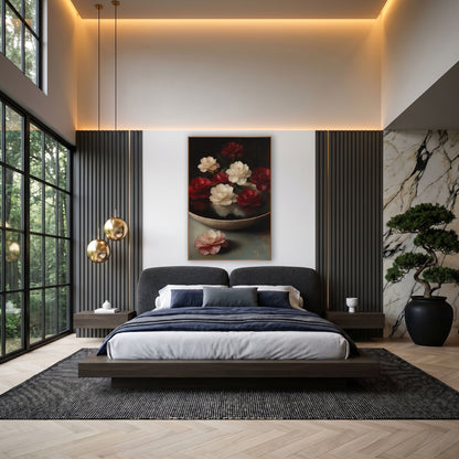 Floating Camellias Old Master Still Life wall art in an elegant modern room – red and cream camellias floating