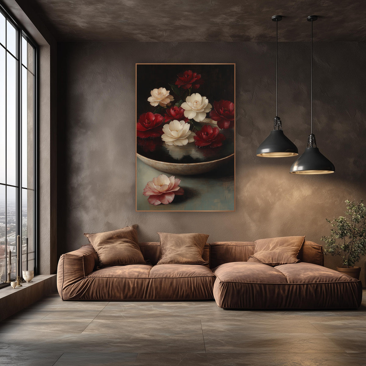 Floating Camellias Old Master Still Life wall art in an elegant modern room – red and cream camellias floating