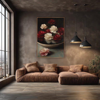Floating Camellias Old Master Still Life wall art in an elegant modern room – red and cream camellias floating