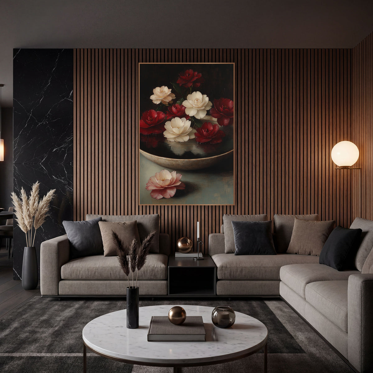 Floating Camellias Old Master Still Life wall art in an elegant modern room – red and cream camellias floating