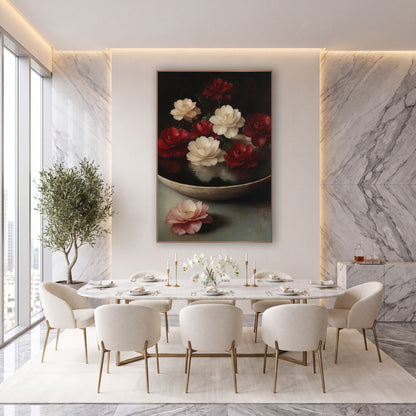 Floating Camellias Old Master Still Life wall art in an elegant modern room – red and cream camellias floating