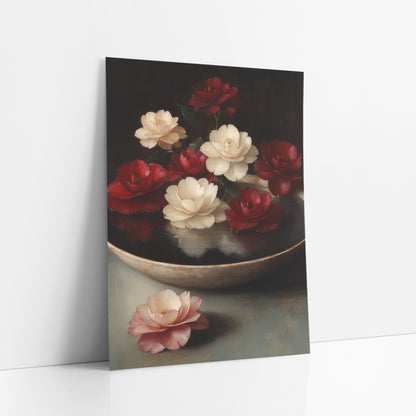 Floating Camellias Old Master Still Life art print leaning against a white wall – red and cream camellias floating