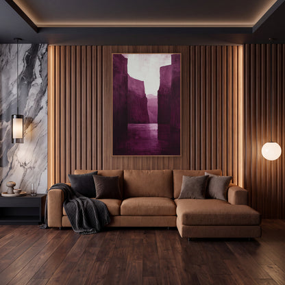 Plum Canyon Reflection Moody Luxe wall art in an elegant modern room – tall burgundy canyon walls frame a calm river