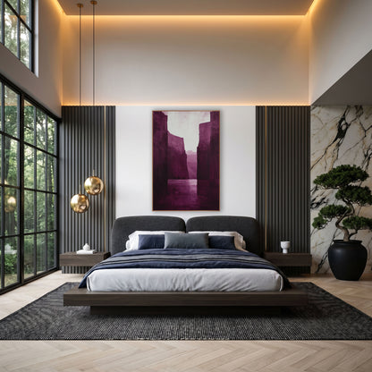 Plum Canyon Reflection Moody Luxe wall art in an elegant modern room – tall burgundy canyon walls frame a calm river