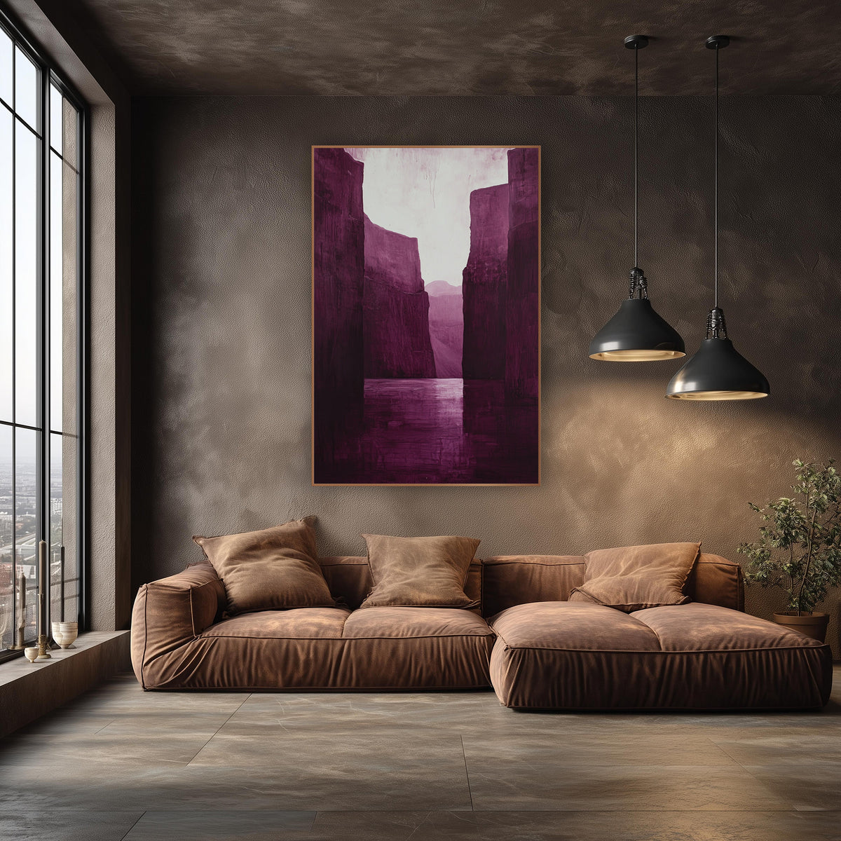 Plum Canyon Reflection Moody Luxe wall art in an elegant modern room – tall burgundy canyon walls frame a calm river