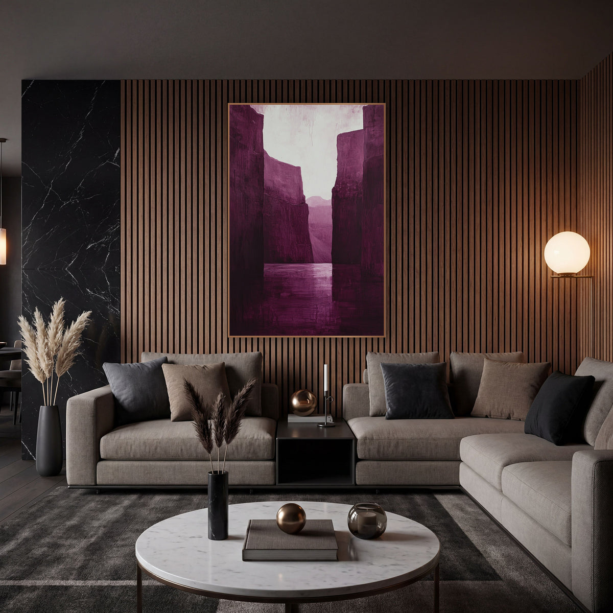 Plum Canyon Reflection Moody Luxe wall art in an elegant modern room – tall burgundy canyon walls frame a calm river