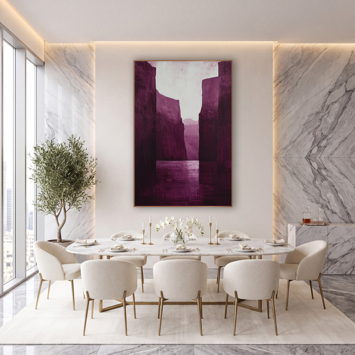 Plum Canyon Reflection Moody Luxe wall art in an elegant modern room – tall burgundy canyon walls frame a calm river