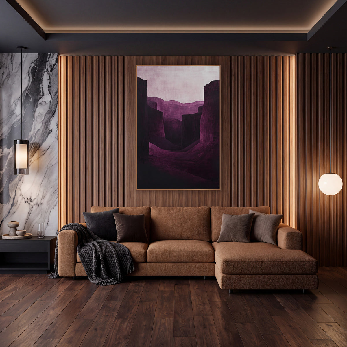 Burgundy Canyon Shadow Landscape wall art in an elegant modern room – canyon landscape in deep burgundy and plum