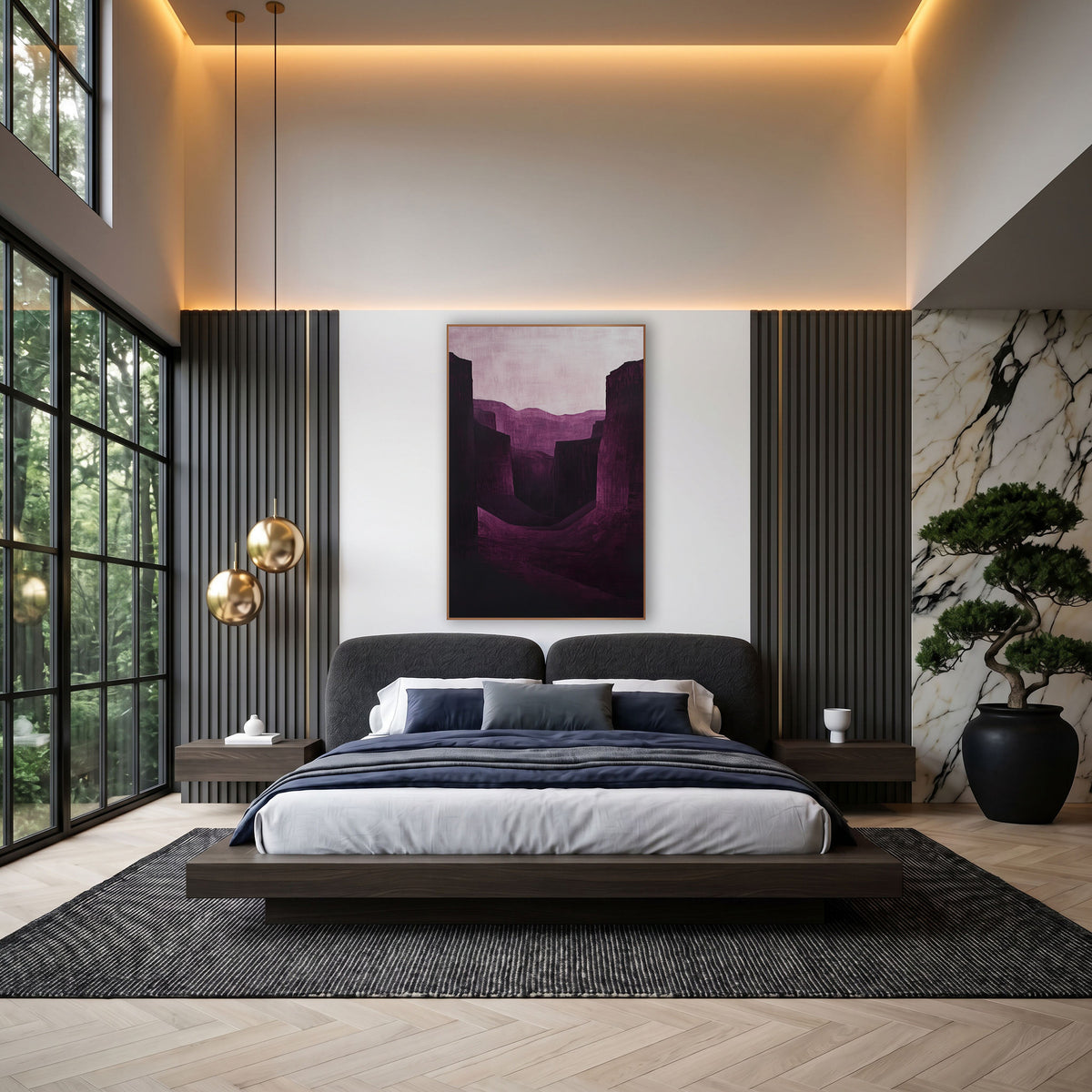 Burgundy Canyon Shadow Landscape wall art in an elegant modern room – canyon landscape in deep burgundy and plum