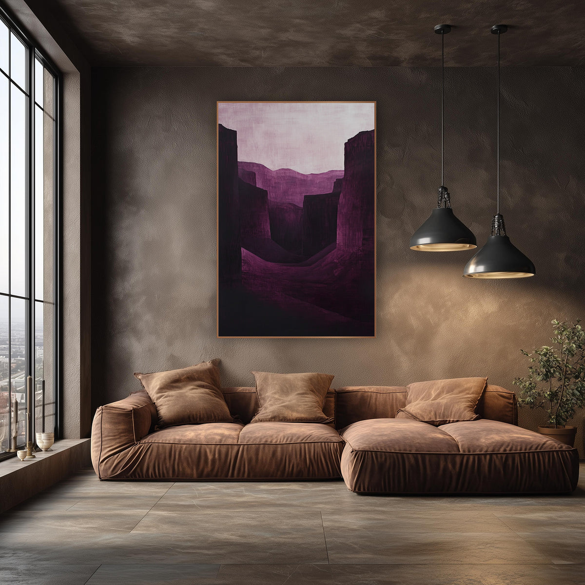 Burgundy Canyon Shadow Landscape wall art in an elegant modern room – canyon landscape in deep burgundy and plum