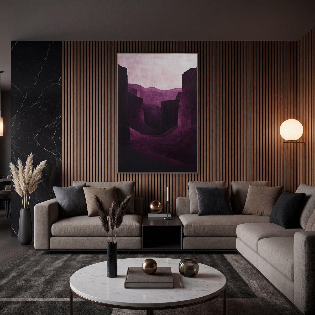 Burgundy Canyon Shadow Landscape wall art in an elegant modern room – canyon landscape in deep burgundy and plum
