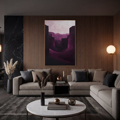 Burgundy Canyon Shadow Landscape wall art in an elegant modern room – canyon landscape in deep burgundy and plum
