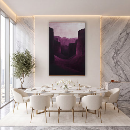 Burgundy Canyon Shadow Landscape wall art in an elegant modern room – canyon landscape in deep burgundy and plum