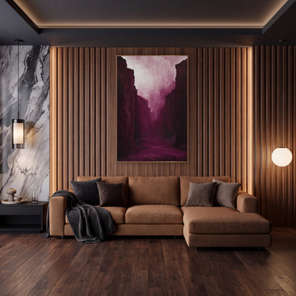 Moody Burgundy Canyon Passage Luxe wall art in an elegant modern room – tall burgundy canyon walls frame a narrow
