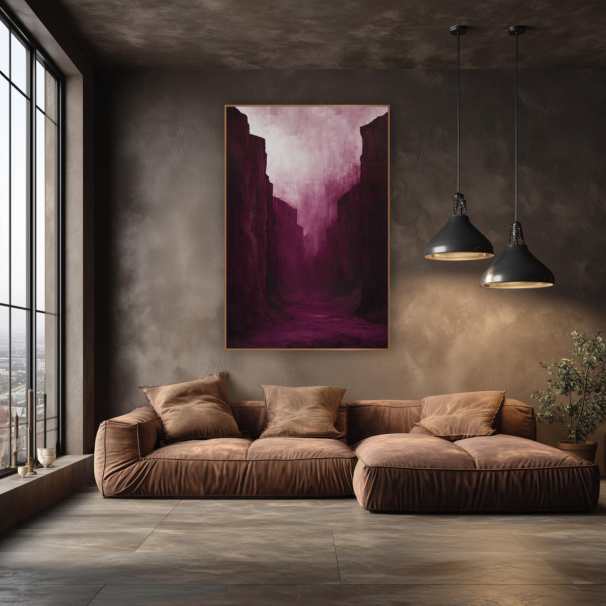 Moody Burgundy Canyon Passage Luxe wall art in an elegant modern room – tall burgundy canyon walls frame a narrow
