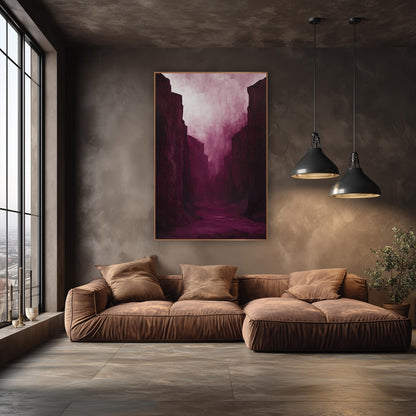 Moody Burgundy Canyon Passage Luxe wall art in an elegant modern room – tall burgundy canyon walls frame a narrow