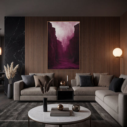 Moody Burgundy Canyon Passage Luxe wall art in an elegant modern room – tall burgundy canyon walls frame a narrow