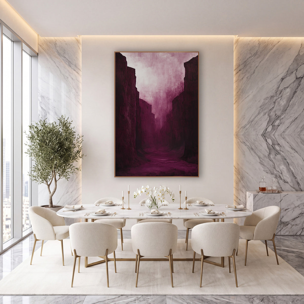 Moody Burgundy Canyon Passage Luxe wall art in an elegant modern room – tall burgundy canyon walls frame a narrow