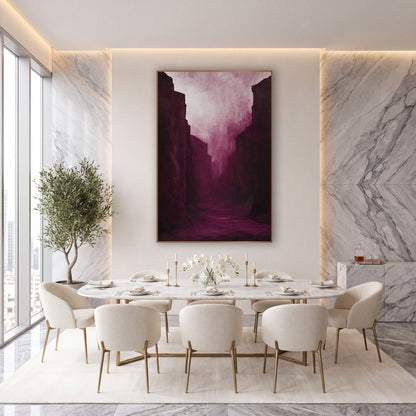 Moody Burgundy Canyon Passage Luxe wall art in an elegant modern room – tall burgundy canyon walls frame a narrow