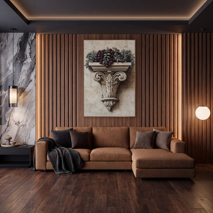 Carved Corbel Grape Garland Classical wall art in an elegant modern room – dark plum grapes and gray-green leaves