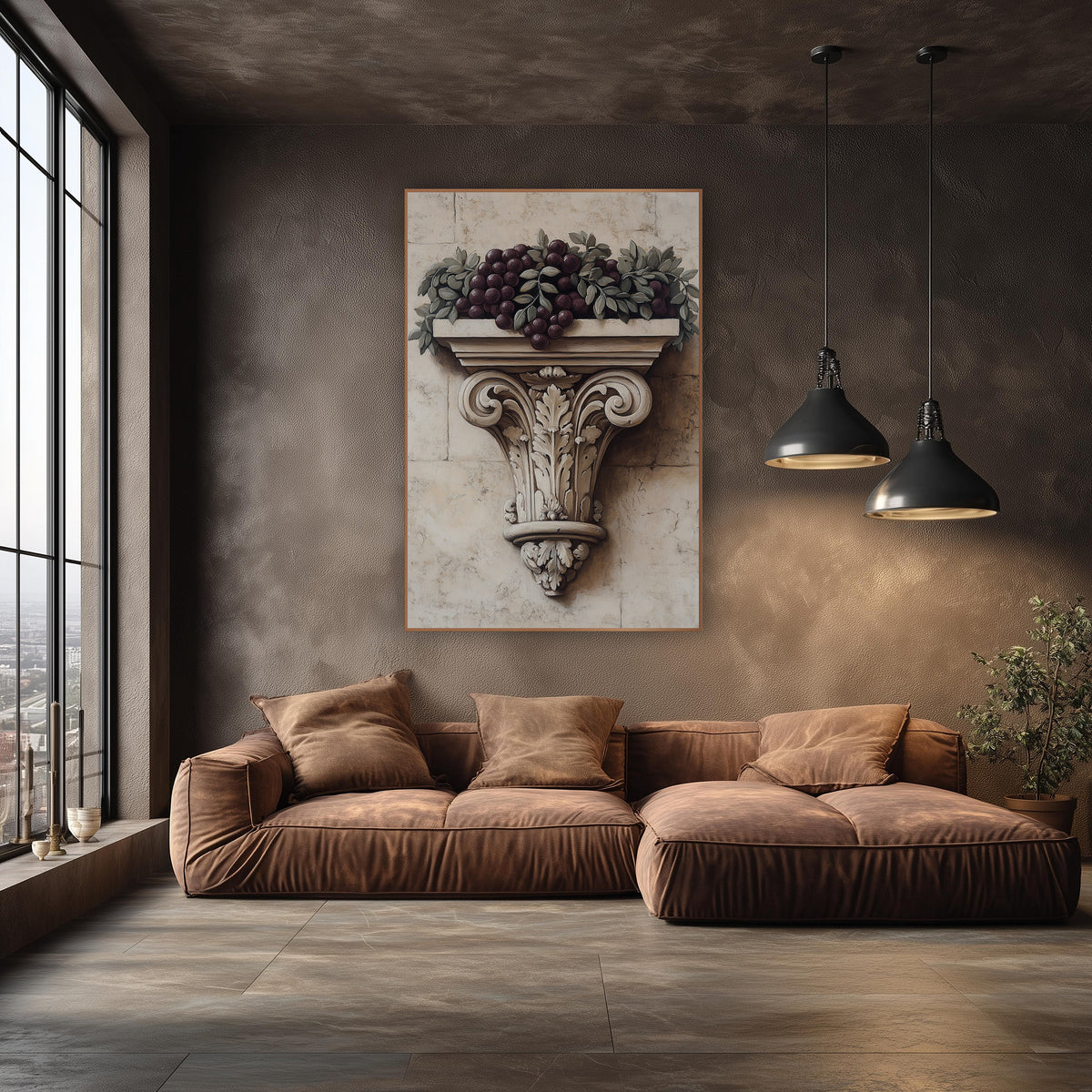 Carved Corbel Grape Garland Classical wall art in an elegant modern room – dark plum grapes and gray-green leaves