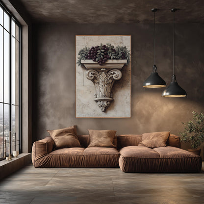 Carved Corbel Grape Garland Classical wall art in an elegant modern room – dark plum grapes and gray-green leaves