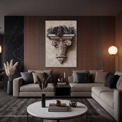 Carved Corbel Grape Garland Classical wall art in an elegant modern room – dark plum grapes and gray-green leaves