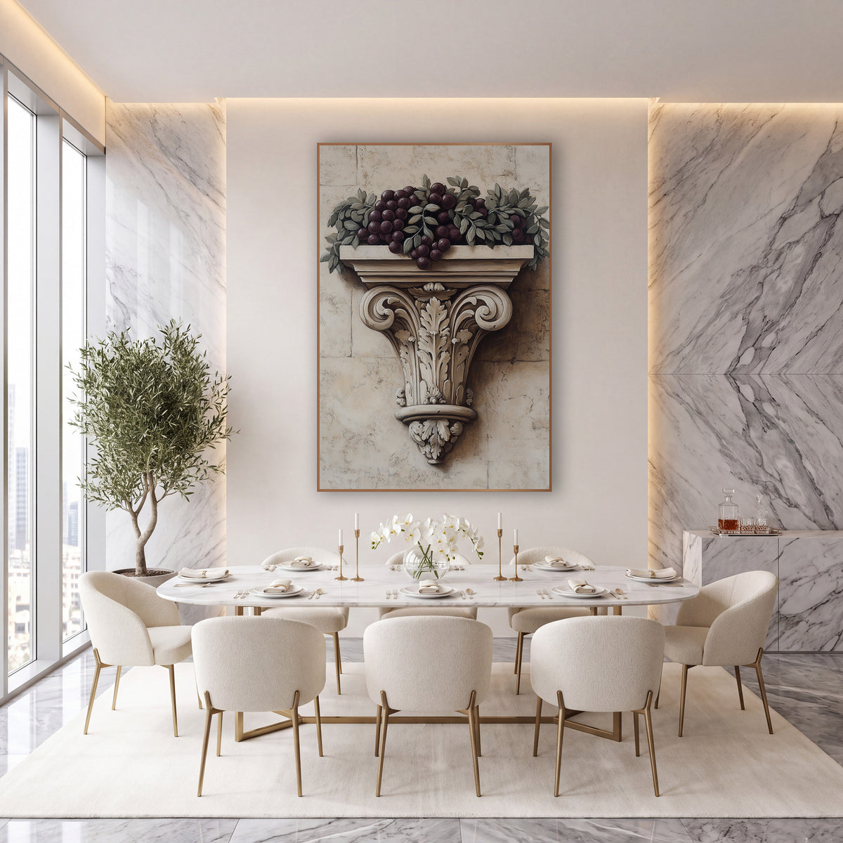 Carved Corbel Grape Garland Classical wall art in an elegant modern room – dark plum grapes and gray-green leaves