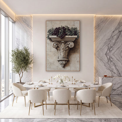 Carved Corbel Grape Garland Classical wall art in an elegant modern room – dark plum grapes and gray-green leaves