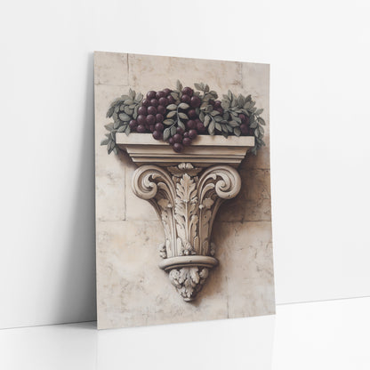 Carved Corbel Grape Garland Classical art print leaning against a white wall – dark plum grapes and gray-green leaves