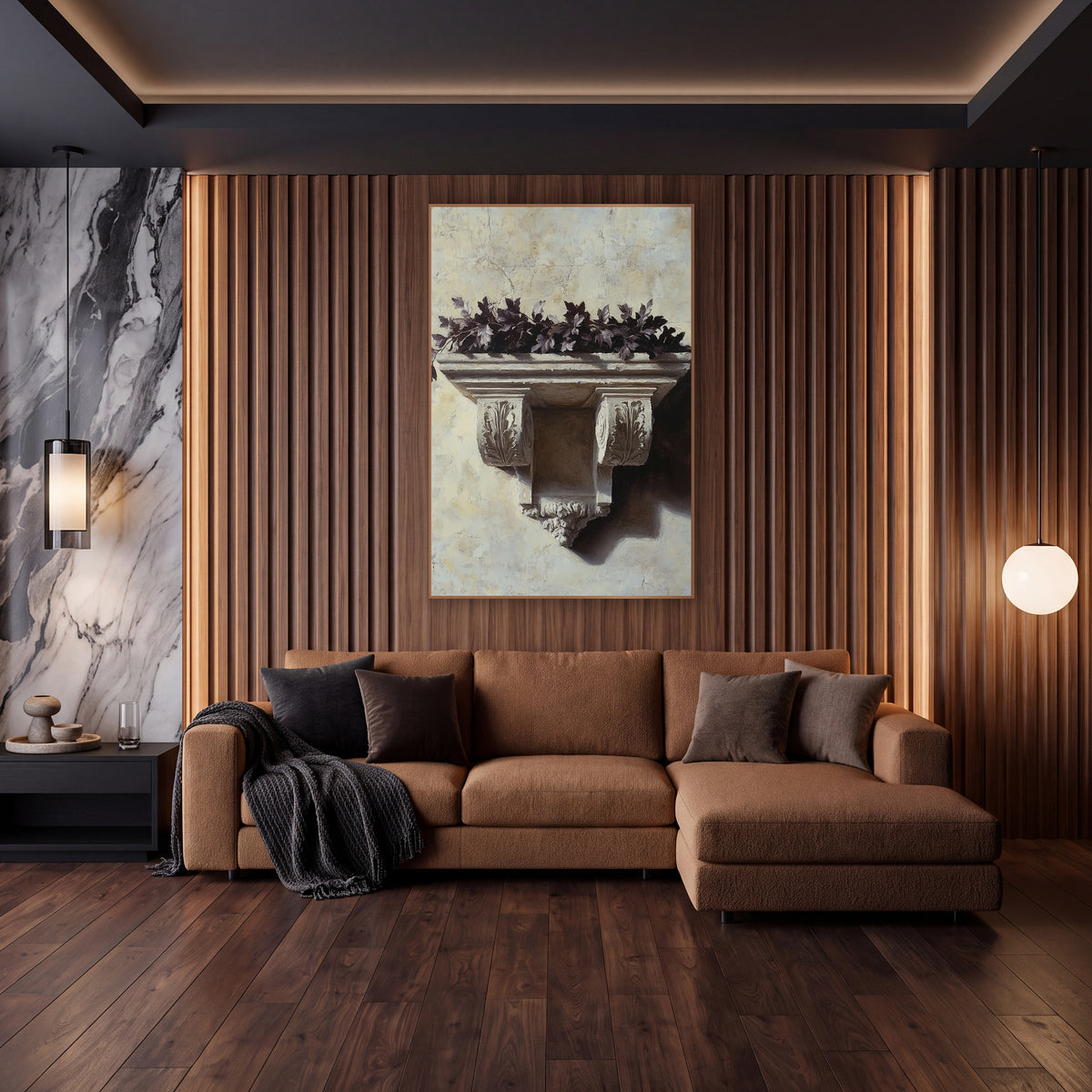 Carved Stone Bracket Dark Leaves Classical wall art in an elegant modern room – carved stone bracket with leaf details