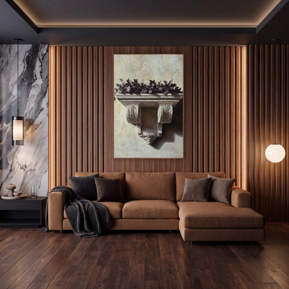 Carved Stone Bracket Dark Leaves Classical wall art in an elegant modern room – carved stone bracket with leaf details