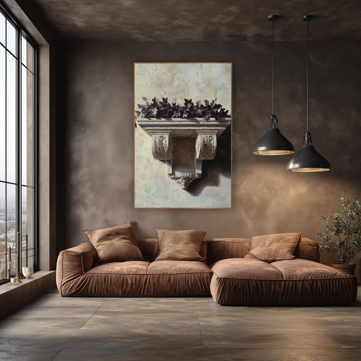 Carved Stone Bracket Dark Leaves Classical wall art in an elegant modern room – carved stone bracket with leaf details